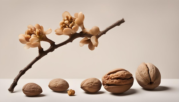 A flower branch walnuts and some stones with brown minimal scene