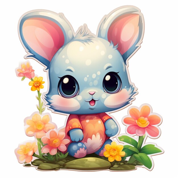 flower bunny sticker surrounded and white background