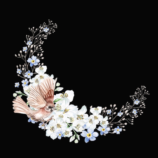 Flower cherry blossomleaves and bird Floral wedding wreath