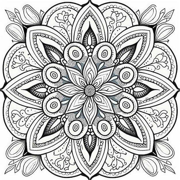 Flower Coloring Book Black White Line Mandala Coloring Flower Abstract Generative AI Illustration