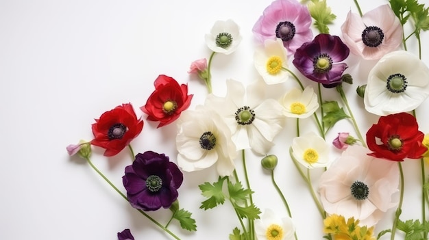 Flower composition Red poppy flowers on white marble background Flat lay Top view Wedding background Festive concept Created with generative AI