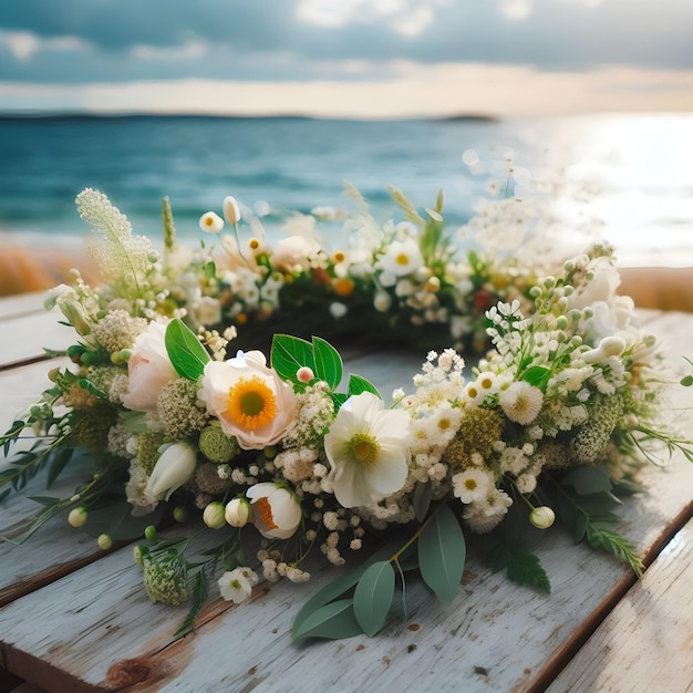 flower crown on a rustic white wooden table with the sea in the background