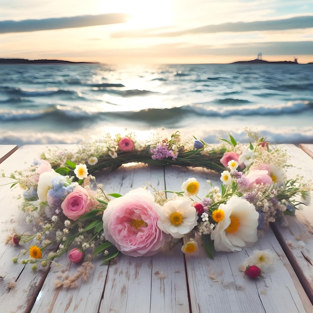 flower crown on a rustic white wooden table with the sea in the background