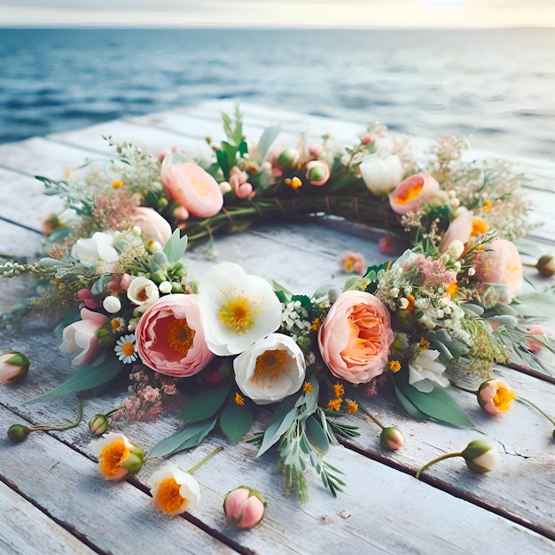 flower crown on a rustic white wooden table with the sea in the background