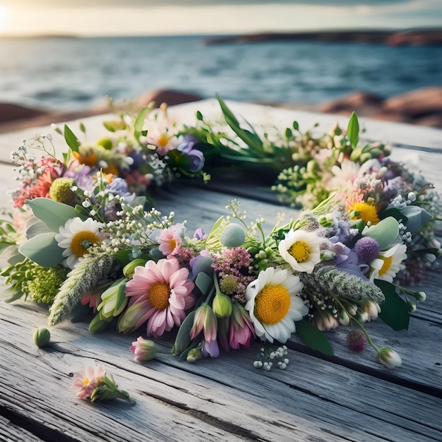 flower crown on a rustic white wooden table with the sea in the background