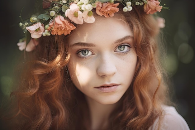 Flower crown with delicate blooms atop girls head framing her face and hair