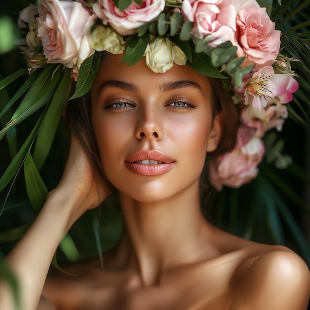 Flower crown and woman for skincare beauty