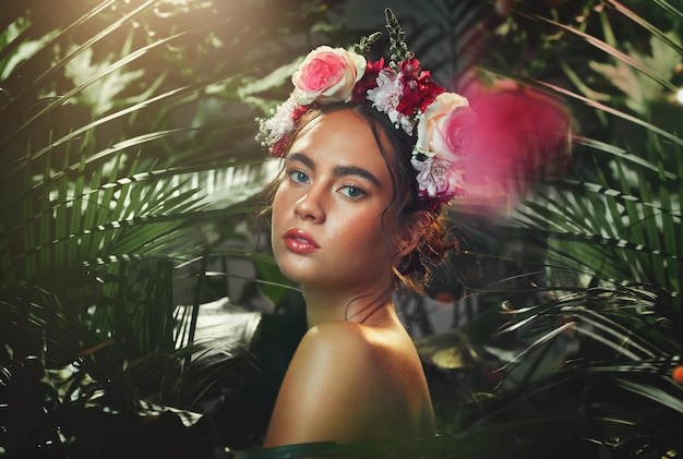 Flower crown and woman in studio for makeup beauty and skincare with plant leaf and wellness Portrait skin and rose by girl model relax for creative jungle and floral aesthetic eco and product