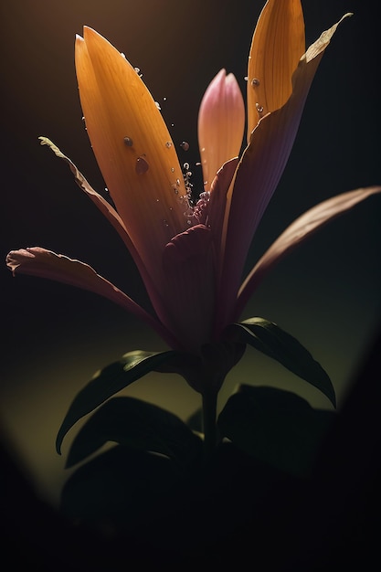 A flower in the dark with a little water drops on it.