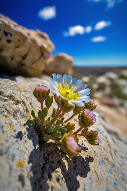 A flower in the desert with the sky in the background