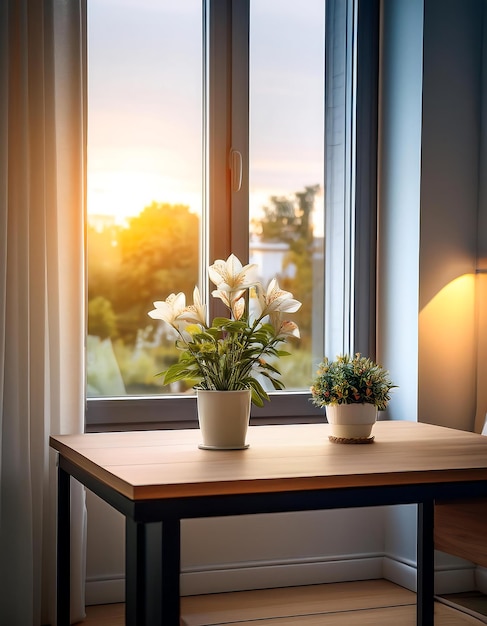 flower in the desk with indoor side window