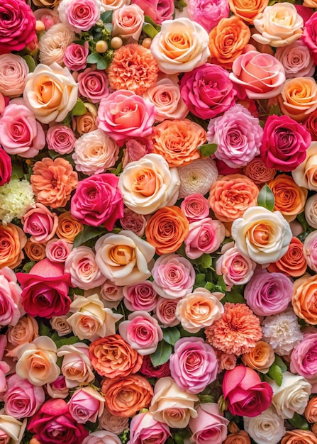 a flower display of different colored roses