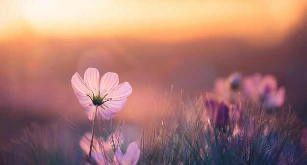 Photo a flower in a field of flowers in front of a sunset