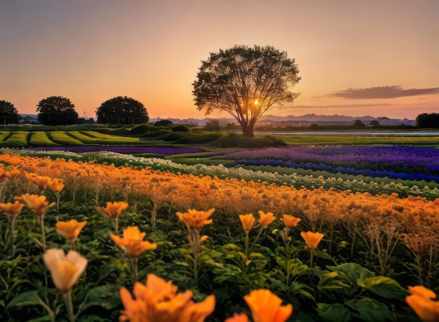 flower field landscape sunset photography beauty flowers