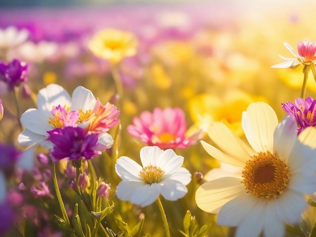 Flower field in sunlight spring or summer garden background