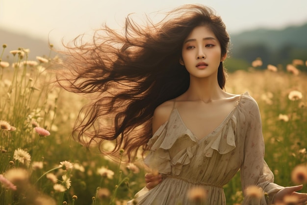 A flower field where a Korean woman flutters her hair and expresses her natural beauty