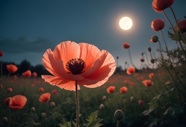 a flower in a field with the moon in the background