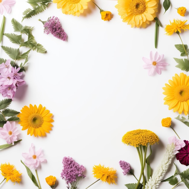 Flower Flame Square Frame with Daisies Sunflowers and Chrysanthemums