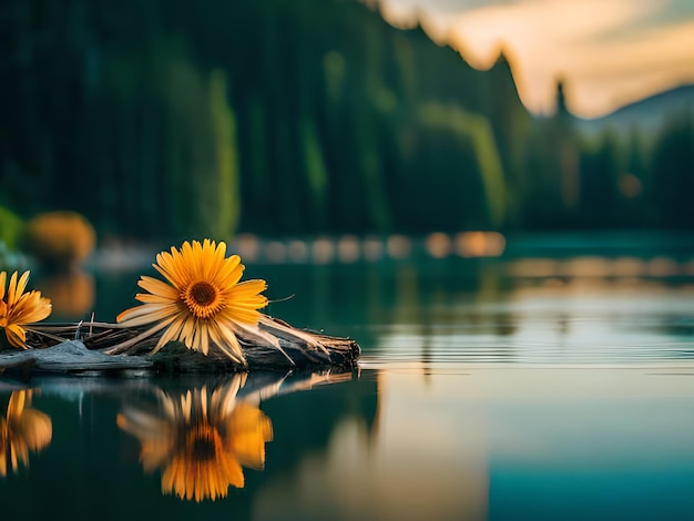 A flower floating in a lake with a sunset in the background