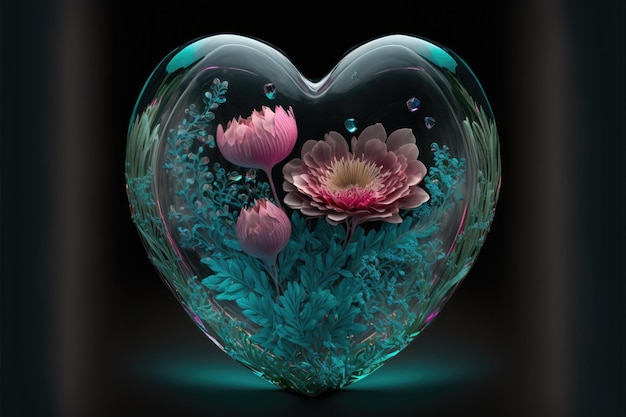 Flower floral in 3d heart diamond glass with crystal cyan and pink color created with generative AI