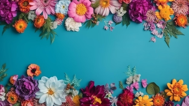 Flower Frame on Blue Background Copy Space Flat Lay Mockup