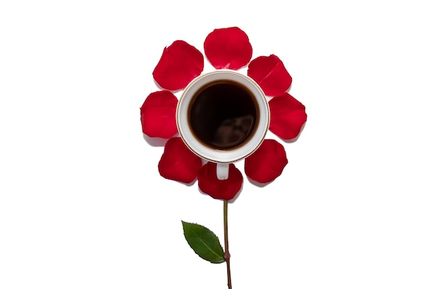 Flower from rose petals and mugs of coffee Coffee love concept