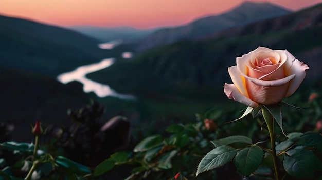 Photo a flower in front of a mountain with a lake in the background