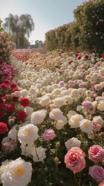 A flower garden with a flower bed in the background.