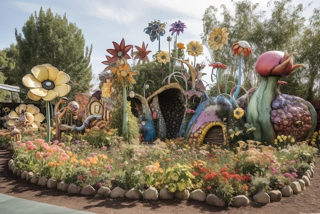 A flower garden with a giant flower sculpture in the background