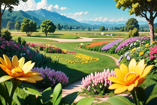 A flower garden with a mountain in the background