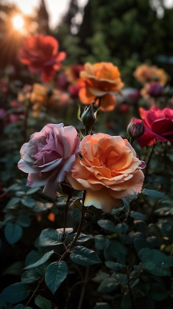 A flower garden with a pink rose in the middle