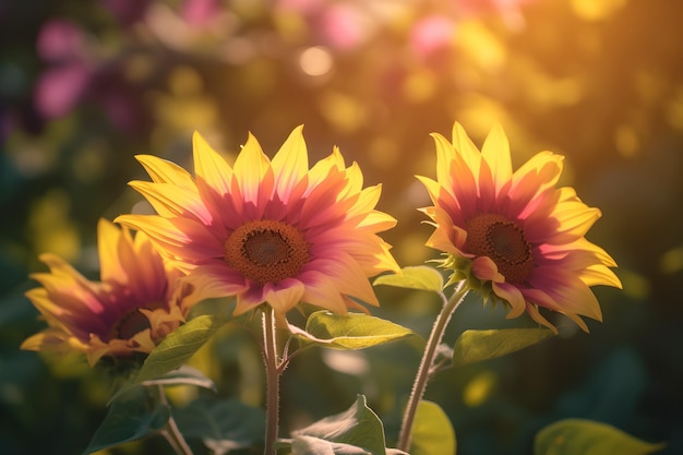 A flower garden with a pink and yellow sunflower