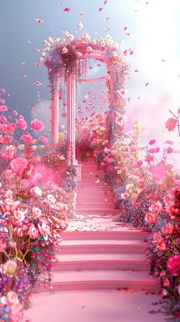 Photo a flower garden with a staircase leading to a pink flower garden