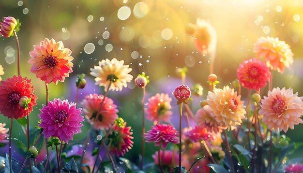 a flower garden with the sun shining through the background