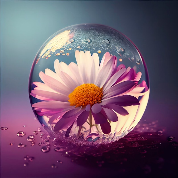 A flower in a glass bowl with water on it.