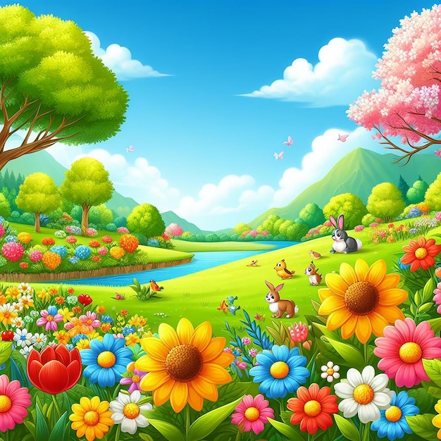 flower green field sunset anime background