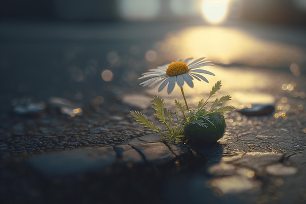 A flower growing out of a puddle