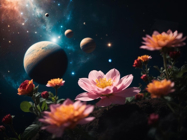 a flower growing in outer space with planets galaxies and spaceships behind it Negative Space Re