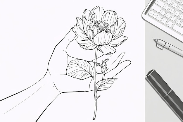 Photo flower in hand line art vector illustration