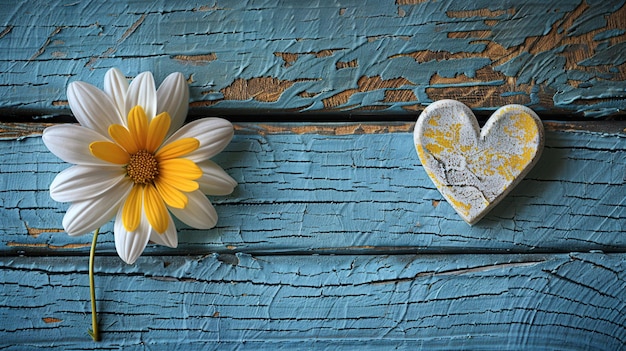 Flower and Heart on Rustic Wooden Background