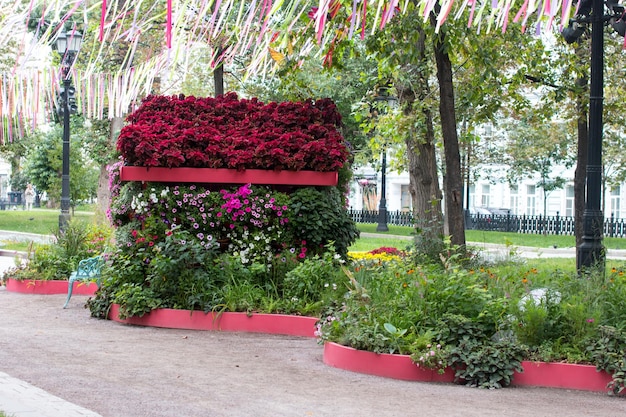 a flower house in the park with a bench Landscaping decorated park in the city