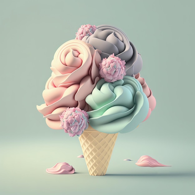 Flower ice cream in waffle cone AI