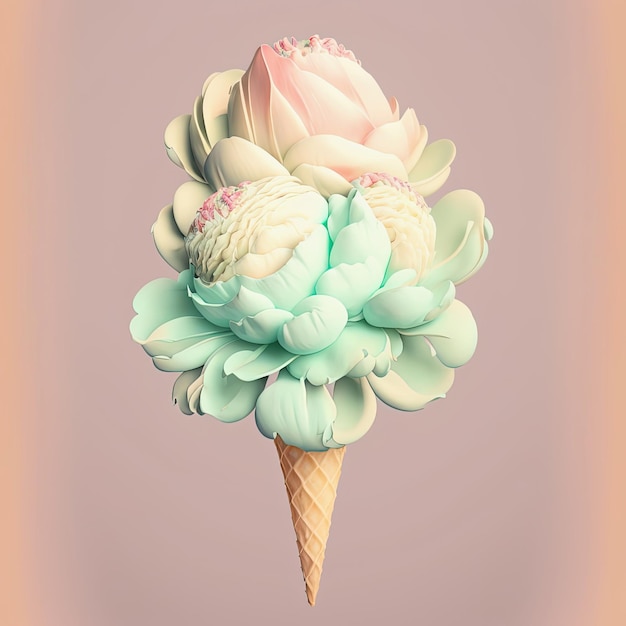 Flower ice cream in waffle cone AI