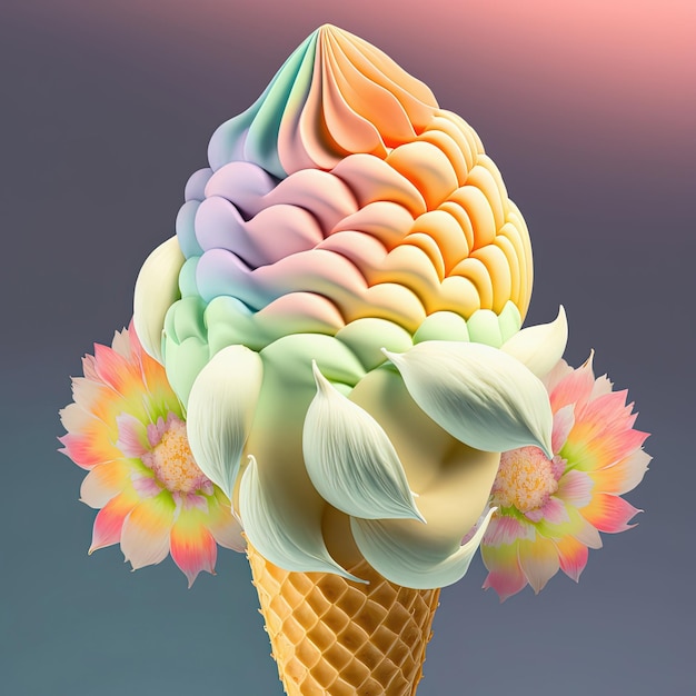 Flower ice cream in waffle cone AI