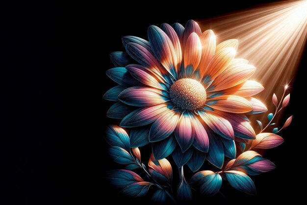 Photo a flower illuminated by a bright beam of light in the dark space for text