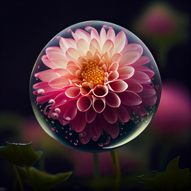 A flower is in a bubble with the word " on it. "