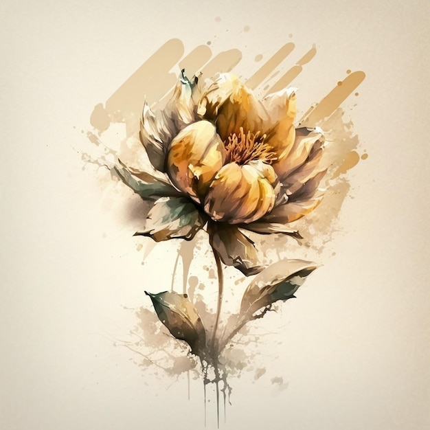 A flower is drawn on a white background with a brown and yellow paint.