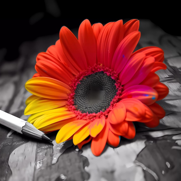 A flower is next to a knife on a piece of paper.