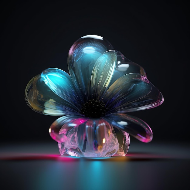 A flower is lit up in blue and pink.