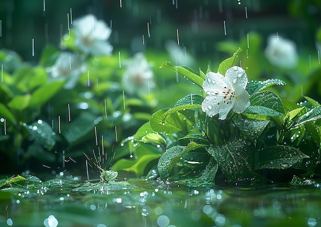 a flower is in the rain and the rain is falling